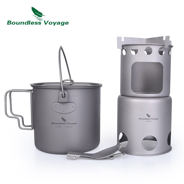 Titanium Folding Firewood Stove with Pot/Cup (Camping Ultralight Cooking Burner Mess kit)