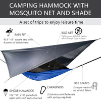 Portable Camping Hammock with Mosquito Net, Rain Fly + Tree Straps for Indoor, Outdoor, Backpacking, Travel, Beach, Hiking