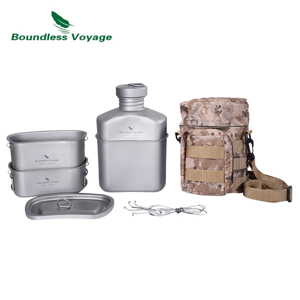 Outdoor Camping Titanium Military Canteen Cups, Water Bottle Bowl Kettle Mess Kit