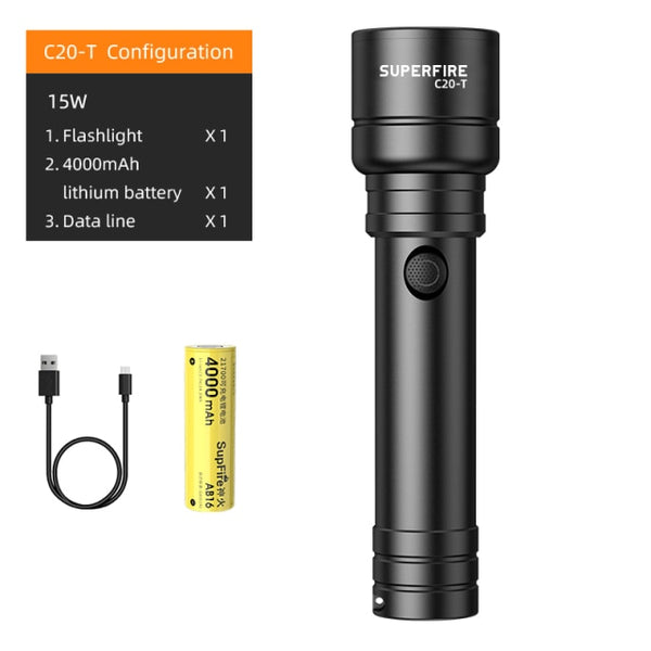 C20-T 15W Powerful Telescopic Zoom Flashlight USB Rechargeable