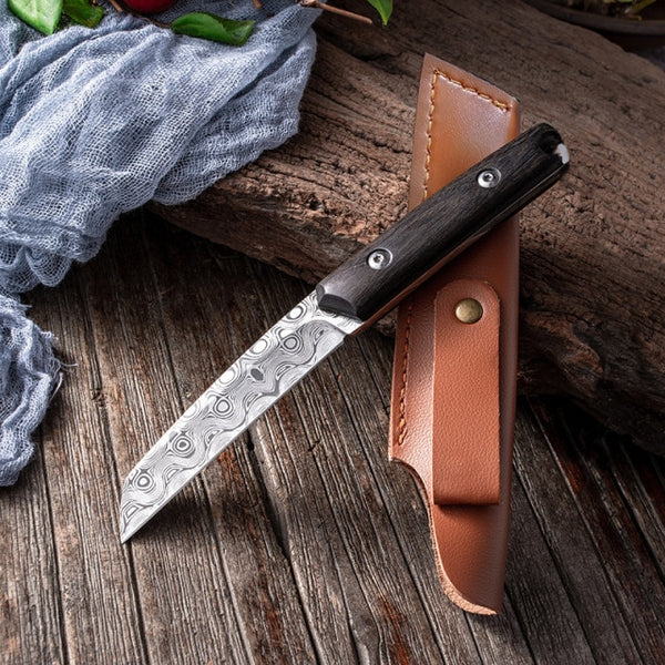 Damascus Etched Pattern Stainless Steel Forged Ebony Wood Handle with Sheath