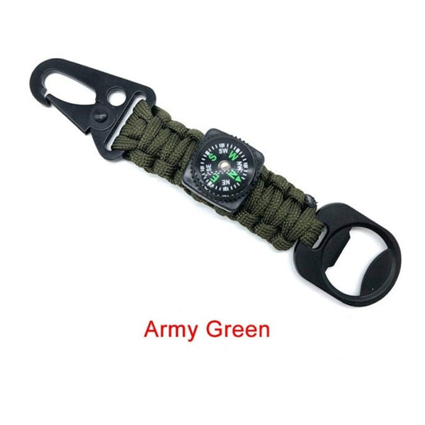 Outdoor Rope Compass Keychain Tactical Survival Tool Carabiner + Hook Cord + Bottle Opener